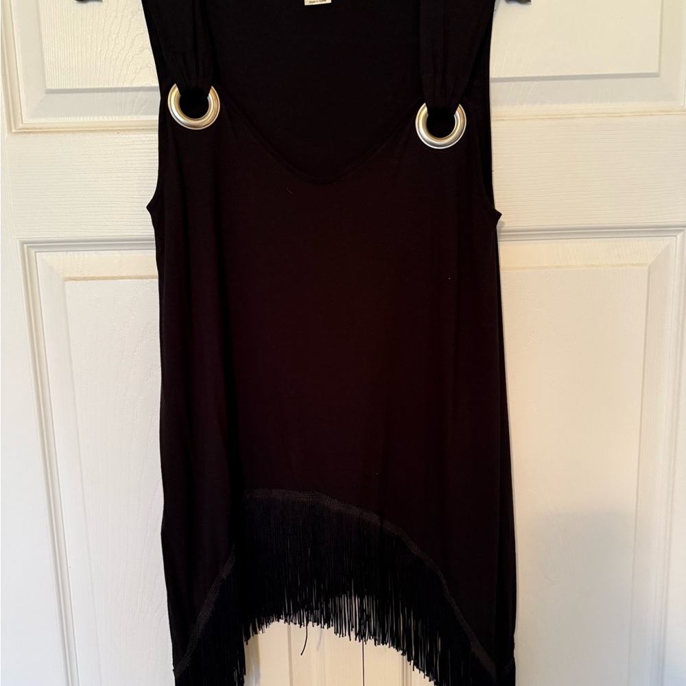 Black Sleeveless Top with Fringe Detail